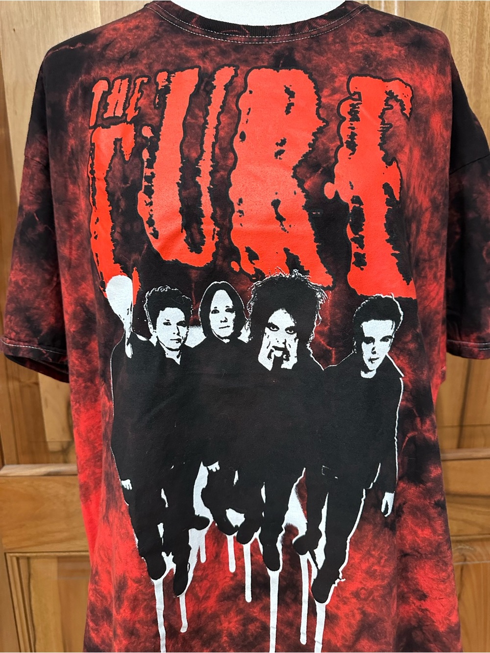 The Cure Group Shot Red/Black Tie-Dye T-Shirt, EUC L